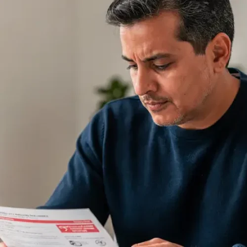 Latin adult reviewing car insurance documents at minimal home office desk nearby